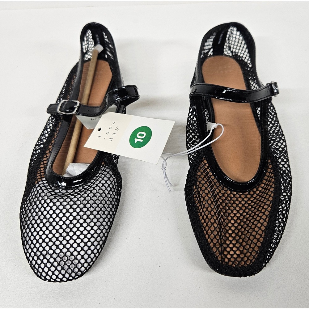 A New Day Womens Black Mesh Mary Jane Ballet Flats Patent Trim Size 10 NWT